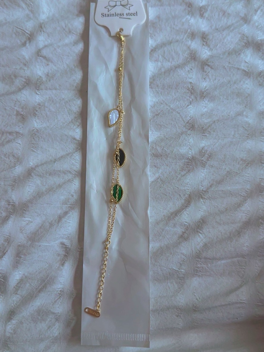 Stainless Steel Gold-Tone Multi Charm Bracelet with Green, Black & White Accents